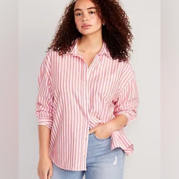 Old Navy Pink and White Striped Oxford Boyfriend Shirt - Picture 1 of 8